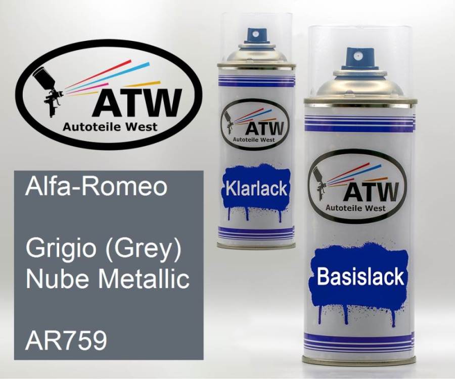 Alfa-Romeo, Grigio (Grey) Nube Metallic, AR759: 400ml Sprühdose + 400ml Klarlack - Set, von ATW Autoteile West.